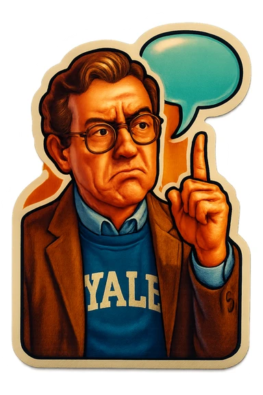 Профессор Йельского университета со скептическим лицом показываем указательный палец вверх, от головы отходить bubble speech sticker