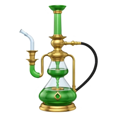 Brass hookah with green design on a glass water base and a glass banger on the top; with two outlet sticker