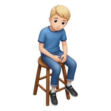 Generate a photorealistic image of a boy sitting on a stool. The scene is captured from a top-down perspective (bird's-eye view), looking directly down from above his head towards his feet. The background should be simple and clean. sticker
