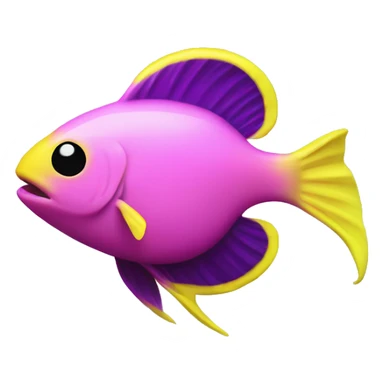 tiny fish with purpleish pink front face and half front of body, neon yellow back half and black dot on top fin sticker