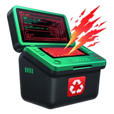 A sleek digital terminal with a holographic interface showing files being uploaded, data packets represented as trash icons, the screen glitching and exploding with red error symbols, tech dystopia vibes, neon greens and reds, circuit patterns in background --v 5 --ar 3:2 --style sci-fi --chaos 30 sticker