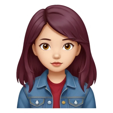 asian girl, long dark burgundy brown hair, hazel brown eyes, half lidded eyes, wolfcut hairstyle sticker