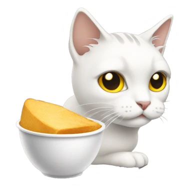 Gato blanco con gris y ojos amarillos comiendo pollo sticker
