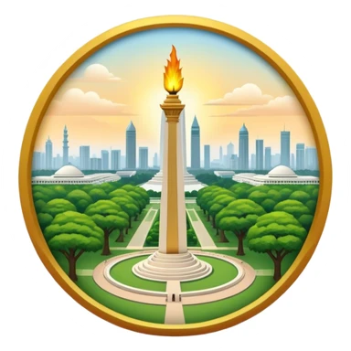 Cinematic Realistic Monas Landmark Emoji, showcasing the National Monument in Jakarta, a towering obelisk with a golden flame, set within a lush park under a clear, radiant sky. sticker