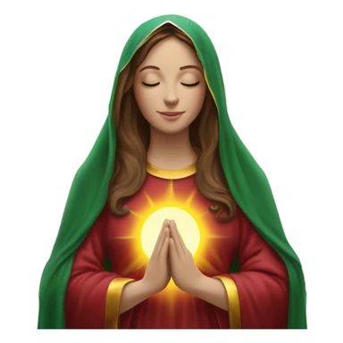 Virgin Mary: kind face looking down at the left, long brown hair, Wearing an emerald green  robe with gold stars and a burgundy red dress,  Hands in prayer or blessing. Halo around her head. standing in front of a big sun. colorful roses on the sides  sticker