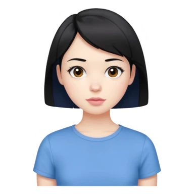 create an emoji of a young woman. She has a nice look, with short black hair, brown eyes, pale skin, natural soft pink lips. she wears a blue short sleeve top sticker
