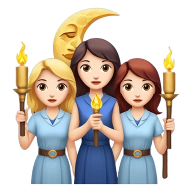 Three women with two torches and a moon sticker