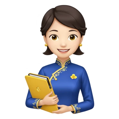 Teacher emoji but : european volume dark brown hair, light skin, no glasses, dark eyes, with a computer folder in the hand (color is yellow), being a teacher, wearing a chinese qipao ( dark blue), smile with teeth





 sticker