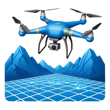 Mapping drone sticker, quadcopter scanning land with laser grid effect, modern tech style, blue color theme, flat vector illustration, white outline, transparent background sticker