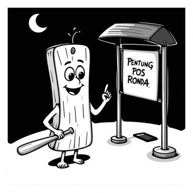 a humanoid wooden club with big cartoon eyes and a wide smile, barefoot, standing at a dark street bus stop under a dim streetlight, holding a bat, with a background sign reading 'Pentung Pos Ronda' sticker