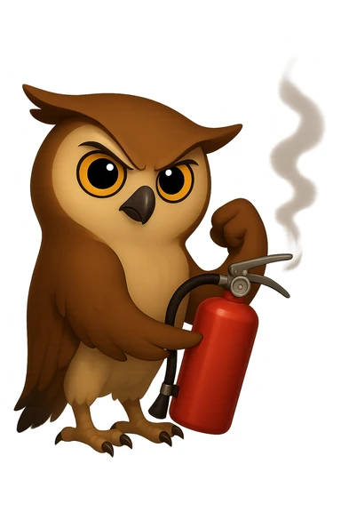 Точно такая же картинка и поза, только в другом крыле сова держит огнетушитель, хвост совы слегка подгорел и от него идет дымок, прозрачный фон sticker