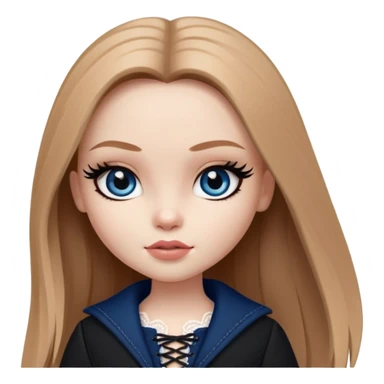 pretty bratz girl, long straight light brown hair, dark blue eyes, black eyeliner, pale skin, dark feminine clothes with laces sticker