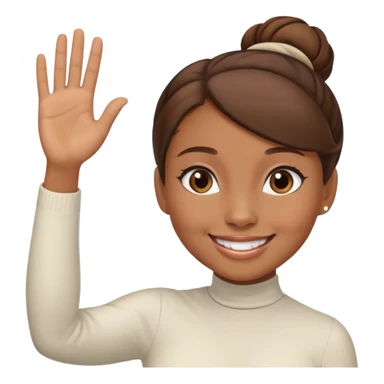 Light brown skin girl, brown hair in bun, smiling, waving goodbye sticker