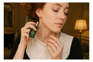 Maker her holding this bottle of perfume (from white background) Make image 16:9 aspect ratio sticker