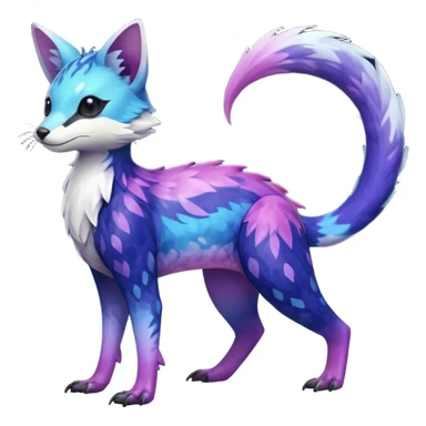  Hyper-realistic Shiny iridescent glossy oily smooth silky soft White with indigo-Violet-purple-pinkish-gradient markings beautiful handsome gorgeous aesthetic colorful vibrant Vernid-Trico-species-Fakemon-creature by LiLaiRa, 4 legs, 1 tail, random markings, (full body) sticker