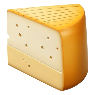 wedge of Morbier cheese with pale yellow semi-soft interior divided by thin horizontal line of vegetable ash, smooth elastic texture, slightly glossy surface, natural beige rind, dark ash stripe visible across center, soft lighting, subtle shadows, emoji scale sticker