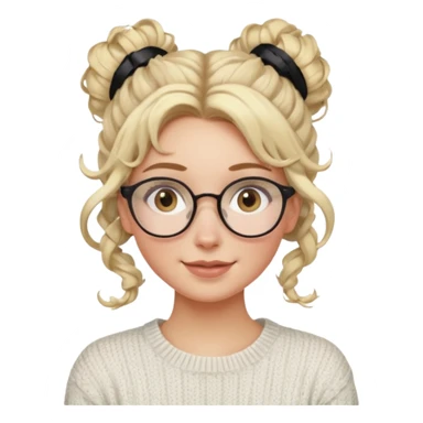 blonde hazel eyes woman with a white cable knit sweater and clear glasses on her head and a curly messy bun with tendrils of hair flowing down her face and she is happy pale, some freckles, blush. she has a cateye wing and long lashes sticker
