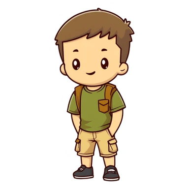 boy wearing an olive-green shirt over a brown T-shirt with beige cargo shorts sticker