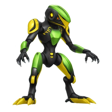 a shiny black-yellow-green Genesect-Raptor-Fakémon—hybrid with a futuristic visor-helmet full body sticker