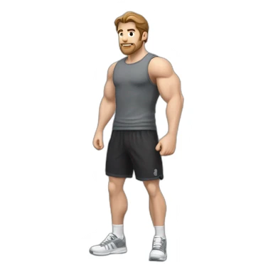 Close up Actively gesturing  with hands Pale skinned Fit Man With the biceps and brown hair in dark gray Sleeveless Mike, black oversize sports shorts, watch and white Sneakers sticker