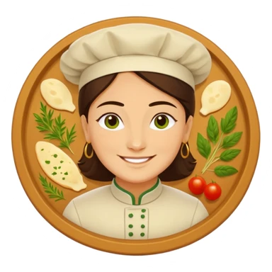 Georgian cuisine avatar in bright emoji-style illustration. Khachapuri and herbs, rich golden and green colors, simple shapes, flat design, strong character. sticker