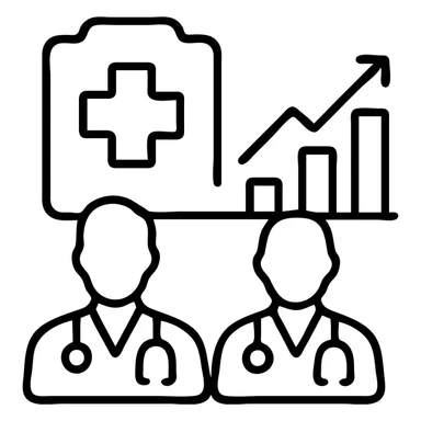 Medical emergency fund committee with doctors and financial charts sticker