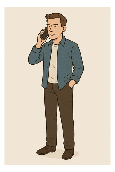 A man standing and waiting, holding a phone to his ear, looking slightly impatient, simple background. sticker