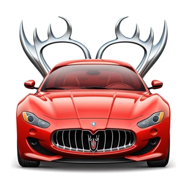 sleek stylized emoji of a Maserati sports car with exaggerated curves, bold grille, iconic trident logo, minimal lines, vibrant shading, emoji aesthetic, emphasizing speed and elegance on a clear white or light gray background sticker