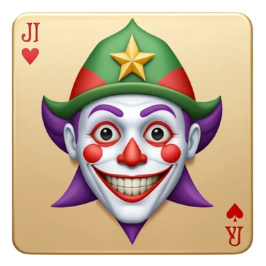 1 poker card, squared, with crazy colorful human jolly joker inside, star symbol with a "J" sticker