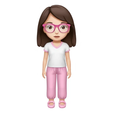 Girl with dark brown hair, light skin, brown eyes, wearing a miu miu glasses the brown ones, and wearing a top in white with a pair of pyjama pants in pink and a slipper in white  sticker