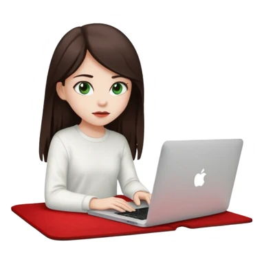 Long dark brown haired, white skinned, dark green eyed girl in white clothes girl sitting in macbook with a red carpet  sticker