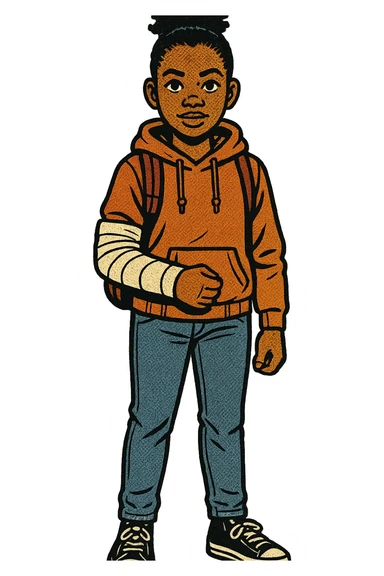 the full body of a young black teenage girl.  She is standing facing forward so we can see her face on. She is wearing a backpack, jeans and a hooded jumper.  One of her arms is in a bandage from a broken elbow. sticker