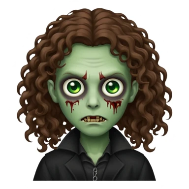 long curly haired zombie with brown hair color and green eye color, with dark vampire clothes sticker
