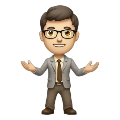 To belt Actively gesturing with hands Pale skinned fit man with dark brown hair in gray jacket, beige office shirt, brown tie, brown pants and vintage glasses. sticker