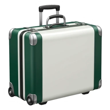 white suitcase with metal ribs, wheels, handle and corners dark green, emoji style sticker
