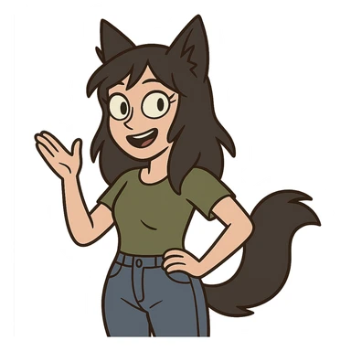 a girl with black fox ears and a tail, green eyes, dark hair sticker