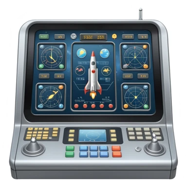 mission control console with buttons and screens showing rocket trajectory sticker