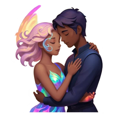Two lovers surrounded by collapsing magic light, tragic dark fantasy romance sticker