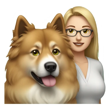 Brown light hair woman aux Green eyes with glasses Green eyes and White eurasier dog  sticker