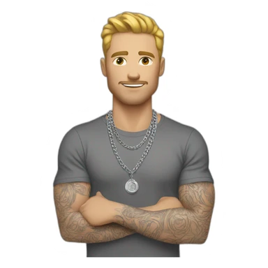 A strong white man wearing men silver chain,styled on a Full sleeve tshirt sticker