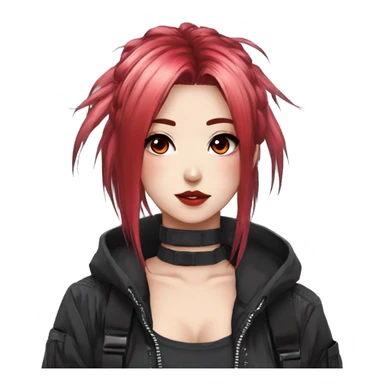 Gorgeous techwear anime style lady with blushing face aesthetic and pretty edgy black red punk hair with hair garment trending style sticker