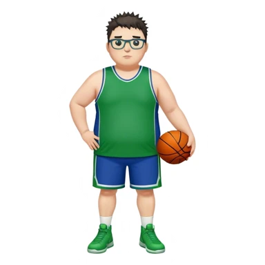 Full Body overweight white male with dark short spike hair basketball player wearing glasses wearing blue green uniform sticker