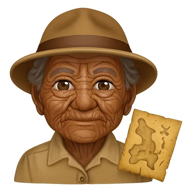 Add many distinct wrinkles at the corners of the eyes and around the mouth to make the woman look older. Keep the brown skin tone, the archaeologist hat, and the small map beside her. The background should be transparent. The original style is emoji style, so maintain the emoji look in the edit. sticker