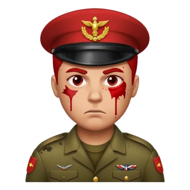 soldier with red skin tone, scowling, blood splatter on left cheek sticker