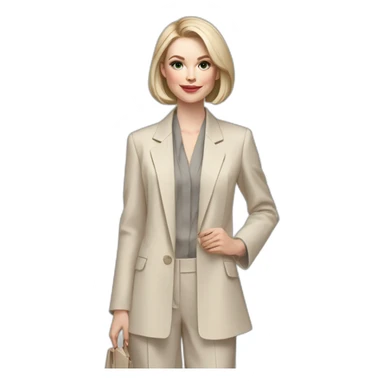 pale skin woman with ash blonde Straightened bob Hair, White Spacious classical jacket, beige palazzo Arrow pants and gray blouse holding a color palettes in the hands sticker