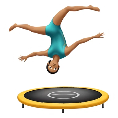 An athletic person soaring high above a trampoline, executing an acrobatic flip with perfect form. The scene captures motion and energy, with a dynamic pose, stretched limbs, and a focused expression. The background suggests a professional trampoline arena with safety padding. sticker