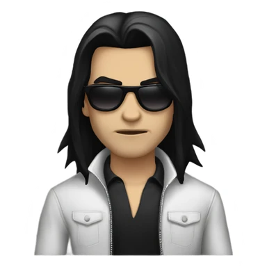 Vampire male, with long black hair, masculine face, fine lips, serious face expression, black sunglasses, lather jacket, underneath black t-shirt sticker