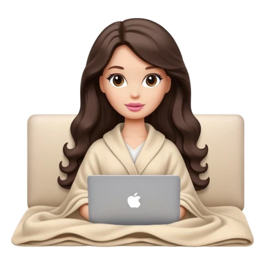 Barbie girl with a long wavy dark brown hair in pale beige clothes inside a pale beige blanket working macbook  sticker