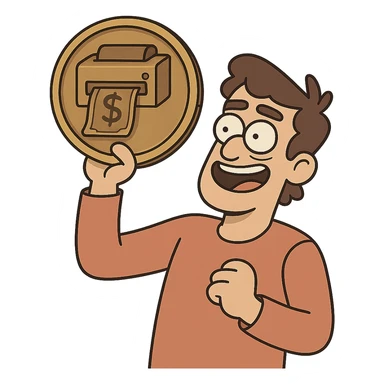 round coin featuring a stylized money printer, embossed effect, flat toon style sticker