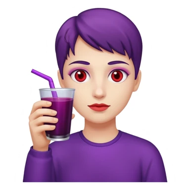 Low red eyes holding a cup wit purple juice sticker